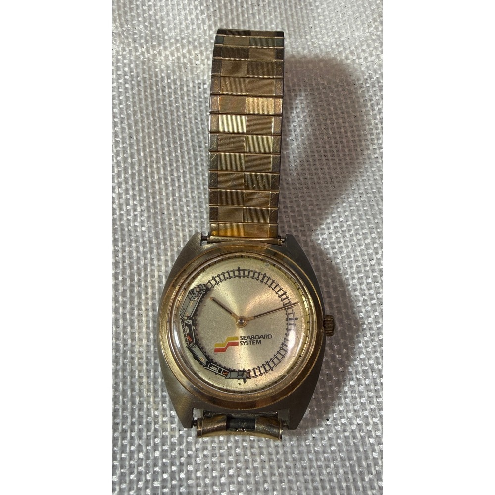 Vintage Seaboard System Railroad Watch Mens Gold Tone Speidel Band Train